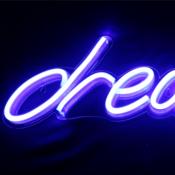 Dream Neon Blue LED Sign on Bookshelf